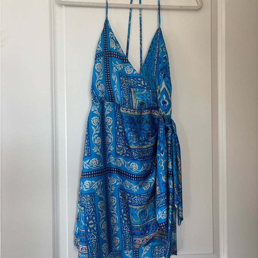 Zara Blue Pattern Silk Wrap Dress